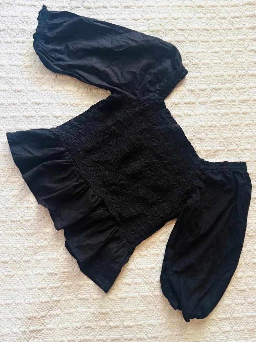 Loft Black Smocked Peplum Top with Square Neck and Puff Sleeve